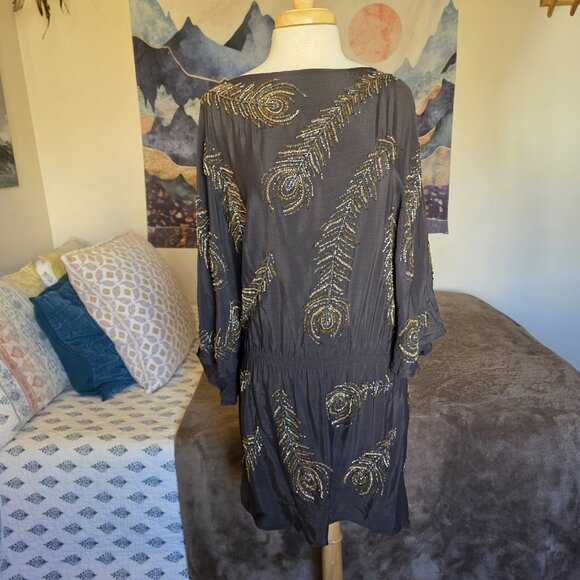 BoYod Black Hand Beaded Peacock Feather Dress S Boho Semi Sheer - Picture 3 of 16